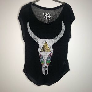 Chaser Skull and Rainbow Feather Black Shirt